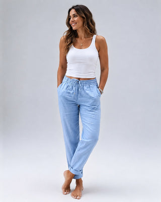 White Linen Pants Women Straight Leg Drawstring Waist Lightweight Casual Trousers
