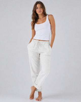 White Linen Pants Women Straight Leg Drawstring Waist Lightweight Casual Trousers