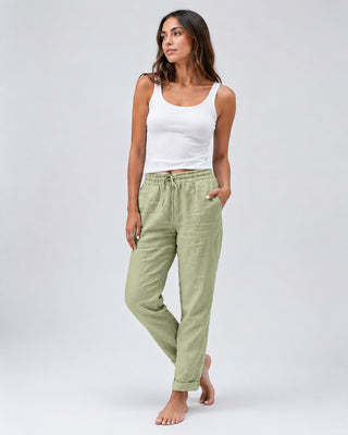 White Linen Pants Women Straight Leg Drawstring Waist Lightweight Casual Trousers