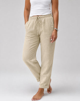 White Linen Pants Women Straight Leg Drawstring Waist Lightweight Casual Trousers