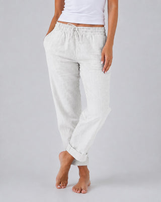White Linen Pants Women Straight Leg Drawstring Waist Lightweight Casual Trousers
