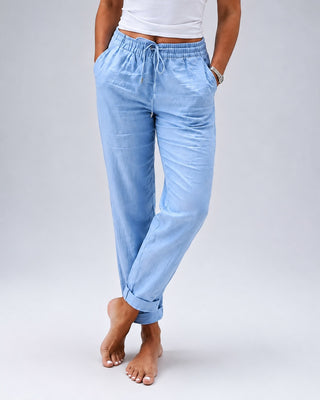 White Linen Pants Women Straight Leg Drawstring Waist Lightweight Casual Trousers