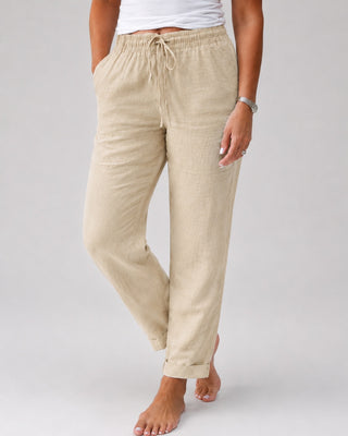 White Linen Pants Women Straight Leg Drawstring Waist Lightweight Casual Trousers