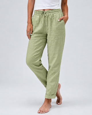 White Linen Pants Women Straight Leg Drawstring Waist Lightweight Casual Trousers