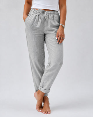 White Linen Pants Women Straight Leg Drawstring Waist Lightweight Casual Trousers