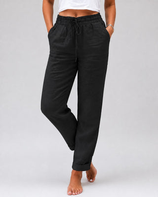 White Linen Pants Women Straight Leg Drawstring Waist Lightweight Casual Trousers
