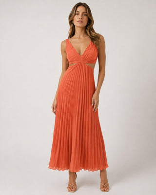 Floral Maxi Dress for Women Sleeveless Lightweight Fabric V-Neckline Pleated Long Dress