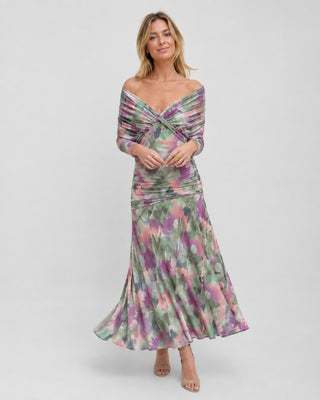 Off-Shoulder Maxi Dress with Twisted Bodice and Flowing Skirt for Formal Events