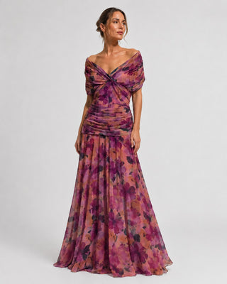 Off-Shoulder Maxi Dress with Twisted Bodice and Flowing Skirt for Formal Events