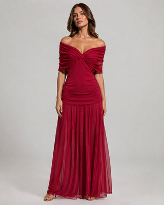 Off-Shoulder Maxi Dress with Twisted Bodice and Flowing Skirt for Formal Events