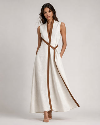 Elegant V-Neck White Maxi Dress for Women with Wrap Closure and Sleeveless Design