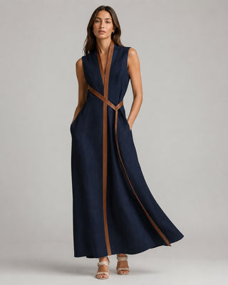 Elegant V-Neck White Maxi Dress for Women with Wrap Closure and Sleeveless Design