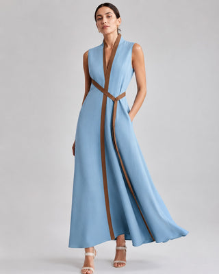 Elegant V-Neck White Maxi Dress for Women with Wrap Closure and Sleeveless Design