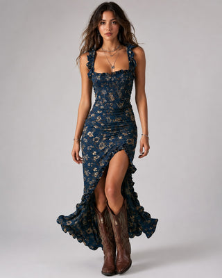 Floral Maxi Dress with Ruffled Sleeves High Slit Lightweight Fabric for Women