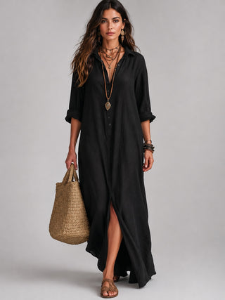Long Sleeve Maxi Dress with Button Front Side Slit Lightweight Fabric for Women
