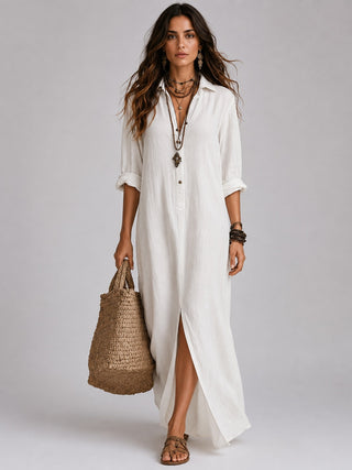 Long Sleeve Maxi Dress with Button Front Side Slit Lightweight Fabric for Women