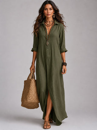 Long Sleeve Maxi Dress with Button Front Side Slit Lightweight Fabric for Women