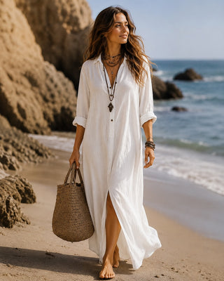 Long Sleeve Maxi Dress with Button Front Side Slit Lightweight Fabric for Women