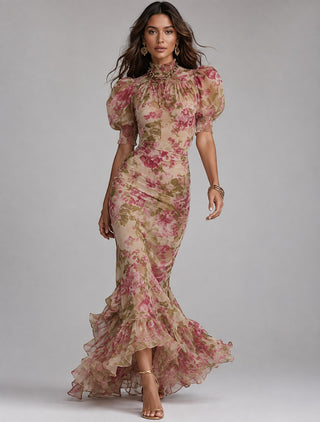 Floral Maxi Dress Womens Dress Puff Sleeve Ruffled Hem Lightweight Summer Wedding Guest Dresses