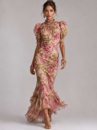 Floral Maxi Dress Womens Dress Puff Sleeve Ruffled Hem Lightweight Summer Wedding Guest Dresses