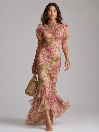 Floral Maxi Dress Womens Dress Puff Sleeve Ruffled Hem Lightweight Summer Wedding Guest Dresses