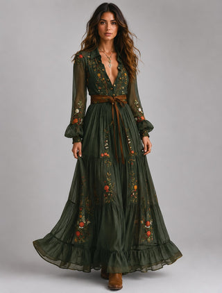 Floral V-Neck Maxi Dress for Women with Long Sleeves Pleated Skirt Lightweight Fabric Summer Wedding Guest Dresses