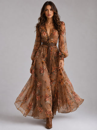 Floral V-Neck Maxi Dress for Women with Long Sleeves Pleated Skirt Lightweight Fabric Summer Wedding Guest Dresses