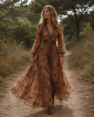 Floral V-Neck Maxi Dress for Women with Long Sleeves Pleated Skirt Lightweight Fabric Summer Wedding Guest Dresses