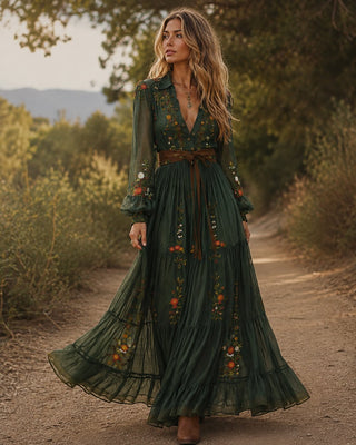 Floral V-Neck Maxi Dress for Women with Long Sleeves Pleated Skirt Lightweight Fabric Summer Wedding Guest Dresses