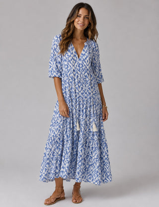 Ikat Print Maxi Dress for Women with Button-Front Closure and Relaxed Fit in Lightweight Fabric