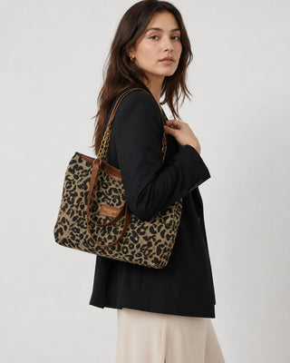 Leopard Print Tote Bag Canvas Construction Spacious Interior Brown Leather Handles