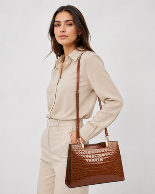 Glossy Crocodile Pattern Tote Bag for Women with Dual Handles Synthetic Leather Spacious Design