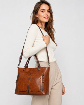 Classic Leather Tote Bag for Women with Dual Front Pockets and Convertible Straps