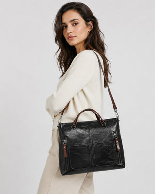Classic Leather Tote Bag for Women with Dual Front Pockets and Convertible Straps