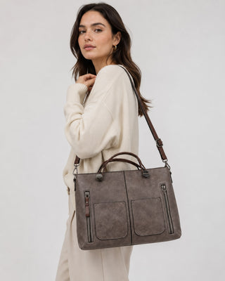 Classic Leather Tote Bag for Women with Dual Front Pockets and Convertible Straps