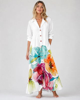 Leafy Print Maxi Dress with Rolled Sleeves and Full Button Front for Women in Soft Fabric