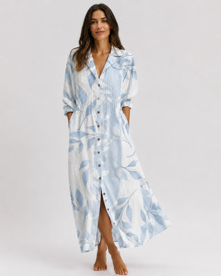 Leafy Print Maxi Dress with Rolled Sleeves and Full Button Front for Women in Soft Fabric