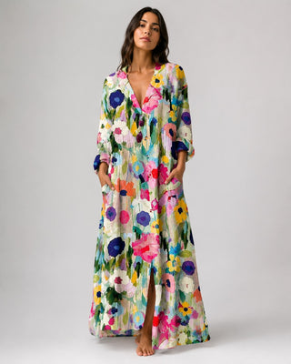 Leafy Print Maxi Dress with Rolled Sleeves and Full Button Front for Women in Soft Fabric