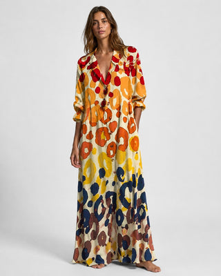 Leafy Print Maxi Dress with Rolled Sleeves and Full Button Front for Women in Soft Fabric
