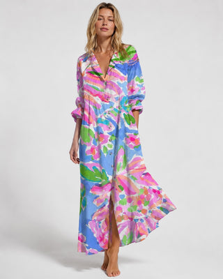 Leafy Print Maxi Dress with Rolled Sleeves and Full Button Front for Women in Soft Fabric