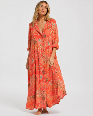 Leafy Print Maxi Dress with Rolled Sleeves and Full Button Front for Women in Soft Fabric