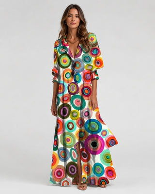 Leafy Print Maxi Dress with Rolled Sleeves and Full Button Front for Women in Soft Fabric