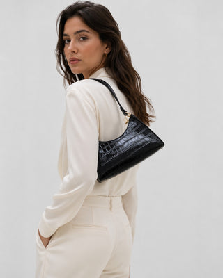Modern Black Shoulder Bag Crocodile Embossed Design Adjustable Strap Glossy Finish 12x10x4