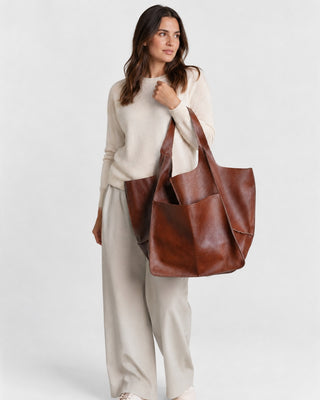 Minimalist Leather Weekender Bag Oversized Travel Tote with Dual Handles for Women