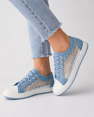 Casual Lace-Up Sneakers for Women with Dotted Fabric Upper and Textured Platform Sole