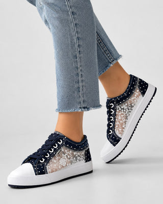 Casual Lace-Up Sneakers for Women with Dotted Fabric Upper and Textured Platform Sole