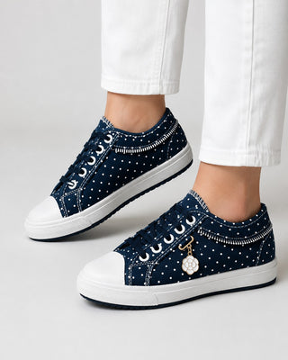 Casual Lace-Up Sneakers for Women with Dotted Fabric Upper and Textured Platform Sole