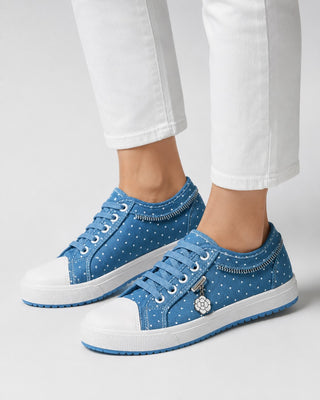 Casual Lace-Up Sneakers for Women with Dotted Fabric Upper and Textured Platform Sole