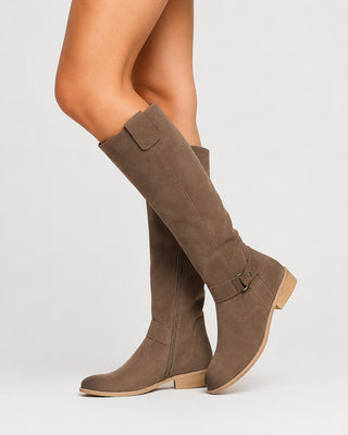 Modern Knee High Boots for Women Suede Upper Block Heel Side Zip Closure Comfortable Design