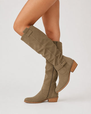 Modern Knee High Boots for Women Suede Upper Block Heel Side Zip Closure Comfortable Design